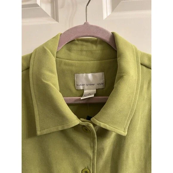 Susan Graver Women’s Green Long Sleeve Microsuede Button Up Top 1X Casual Career - Picture 3 of 7